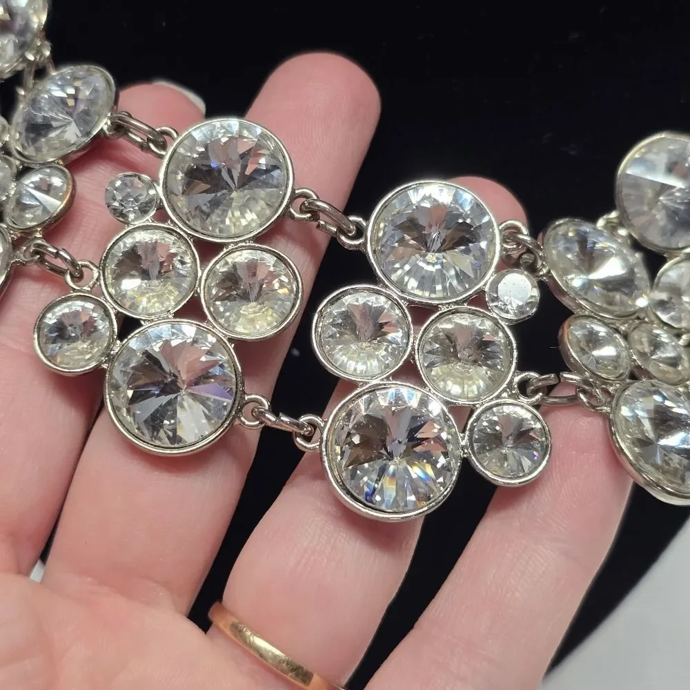 White House Black Market Silver Tone STATEMENT Necklace With Huge Crystals
